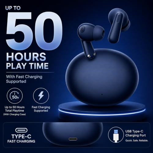 Image of NORD Buds 3 Truly Wireless in Ear Earbuds with 50H Playtime, AI-ENC Mic, 45ms Low Latency Gaming, 13mm Bass Drivers, Type-C Fast Charging, Made in India, Touch Controls, IPX5 Ear Buds TWS. Navy