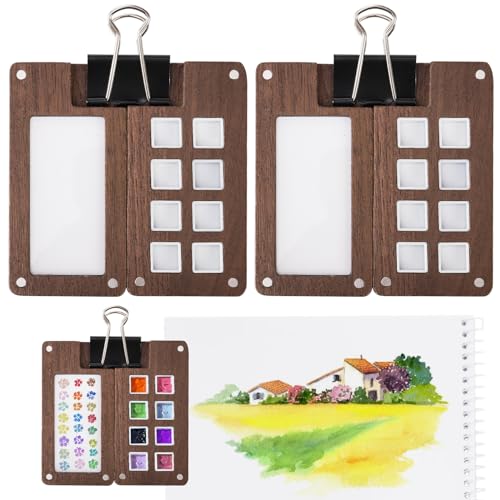WRINGKIT Set of 2 Portable Sketchbook Palette, Wooden Mini Paint Palette with Clips, Magnetic Travel Watercolor Mixing Tray Box with Lid for Gouache, Acrylic Paint, 8 Grid