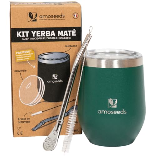 Amoseeds Kit Calebasse Maté | Calebasse (tasse à maté) isotherme + Bombilla en acier inoxydable + Brosse de nettoyage | Qualité Supérieure