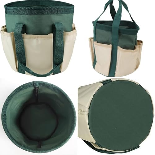 BLIRITEL Garden Tool Organizer, Waterproof Garden Tool Tote Bag with 6 Side Pockets, Outdoor Gardening bucket Bag with Thickened Base and Comfortable Carry Handles (Dark Green)