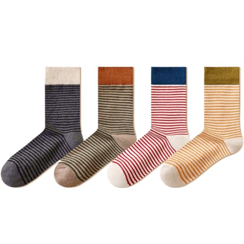 Retro Striped Crew Socks, 4 Pairs Womens Cotton Cozy Casual Socks Slouchy Colorful Quarter for Women Spring Summer Cute, Fashion Size (5-10)