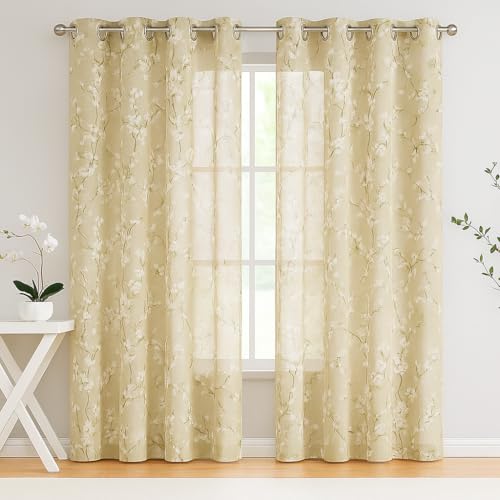 Image of BFAM Sheer Curtain with Floral Print, Premium Printed Sheer Drapes, Eyelet /Grommet Curtain for Living Room, Bedroom, Light Filtering Curtains, Beige Floral 5 Feet,Pack of 1 Curtain