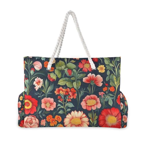 Colorful Flower Black Beach Bag for Women Large Beach Tote Bag with Zipper for Travel Vacation