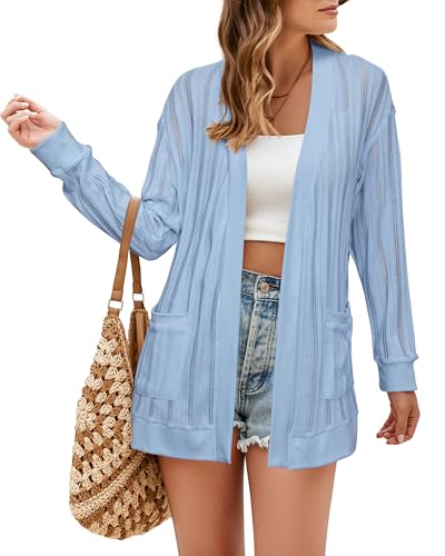 STYLEWORD Women's 2025 Summer Fashion Cardigan Lightweight Boho Knit Hollow Beach Cover Up Kimonos Open Front with Pockets