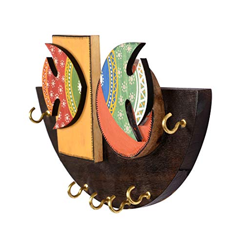 Image of AAKRITI ART CREATIONS Key Holder, Handcrafted Madhubani Fish Key Hanger | Rustic Wood Wall Organizer with 6 Hooks | New Home Gifts | Multifunctional Entryway Decor Item