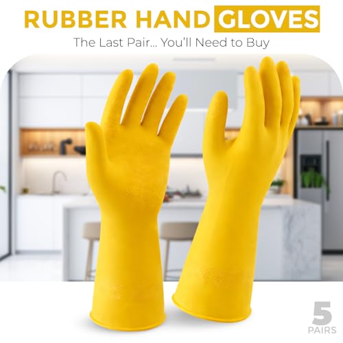 Image of LADWA Premium Rubber Household Cleaning Gloves, Yellow and Red Color Reusable Waterproof Gloves for Kitchen Cleaning, Dishwashing, Gardening and Bathroom Use with Comfortable Fit (Pack of 5 Pairs)