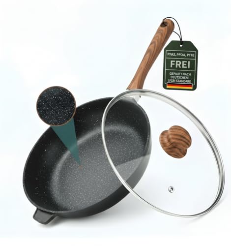 GOOLDMANN Tiefe Bratpfanne 24 CM mit Glasdeckel – Gusseisen-Aluminium Pfanne mit Keramik-Marmor Antihaftbeschichtung, Induktionsgeeignet, Spülmaschinenfest & PFOA-Frei