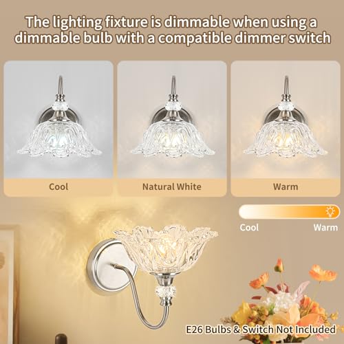 Image of 1 Piece Brushed Nickel Wall Sconce with Floral Clear Glass Shade, Brushed Nickel Finish Wall Mount Lighting for Bathroom, Modern Bathroom Vanity Light Fixture