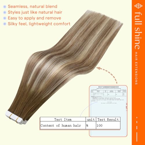 Image of Full Shine Tape in Hair Extensions, 24 Inch Chestnut Brown Blonde | 50g 20PCS, Fashion Invisible Remy Tape Ins Human Hair Extensions, Seamless Skin Weft Adhesive Design Soft Finish Add Volume