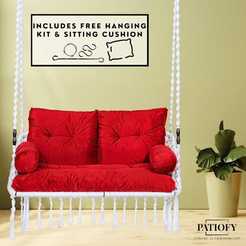 Image of Patiofy Premium White Double Seater Hanging Swing / 2 Seater Swing for Balcony /Double Seater Swing Chair /Swing for Adults for Home for 2 People /Jhula with Red Full Body Sitting Cushion & Hanging Kit