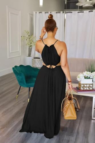 Image of Yeshire Womens Summer Spaghetti Strap Maxi Dress Sleeveless Sexy Cutout Drawstring Boho Beach Vacation Party Dresses Large Black