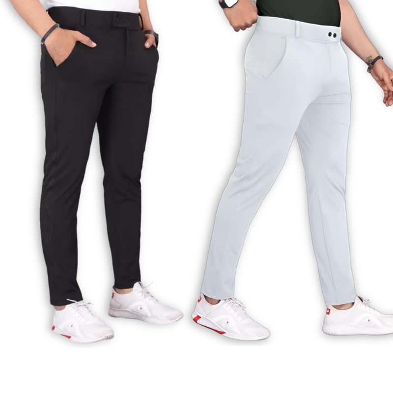 Image of Men's Stylish Slim Fit Lycra Blend Trousers - Pack of 2 (Combo) Formal Pants for Men | Stretchable Regular Office Formal Wear | Comfortable Solid Casual, Business, and Work Trousers for Men