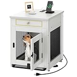 DWVO Dog Kennel Furniture with Dual USB Charger, Dog Crate End Table with Tray, Wooden Dog Crate Furniture with Cushion for Small Dogs, White