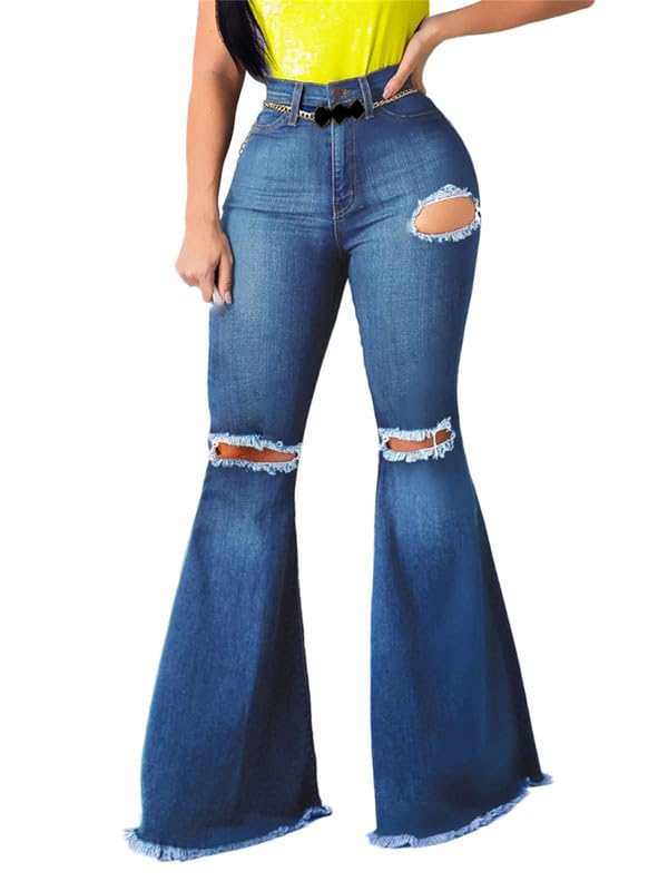 Andongnywell Women's High Waist Stretch Flared Jeans Wide Leg Tassel Slim Bell Bottom Denim Pants Trousers