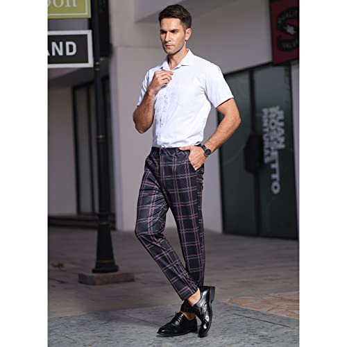 Men's Business Pants Skinny Fit Plaid Flat-Front Stretch Slim Stylish Casual Golf Dress Pants #TOP3