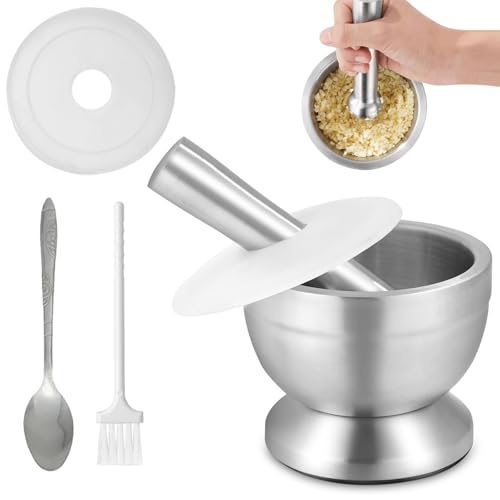 Juegos de Mortero y Mano, 350ml Mortero de 304 Acero Inoxidable, Diámetro 12 cm, Morteros Cocina, Manual de Morteros y Maja, con Cepillo, Cuchara y Tapa de Silicona, Para Hierbas, Ajo, Nueces