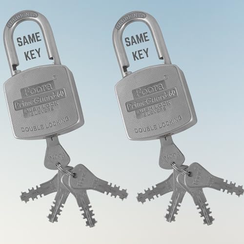 Image of Foora Primeguard Push Same Key Lock Set | 2 Heavy Duty Padlocks with 10 Keys | Double Locking 8 Lever Mechanism | Strong Metal Body | Multiple Lock and Key for Door Lock, and Shutter Security