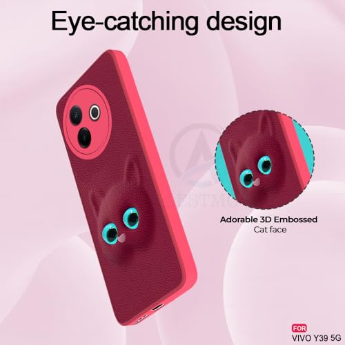 Image of AESTMO Back Case Cover for Vivo Y39 5G Back Cover | 3D Cat Cover | Leather Finish | Full Body Protection | Camera Protection Back Cover for Vivo Y39 5G (Pink