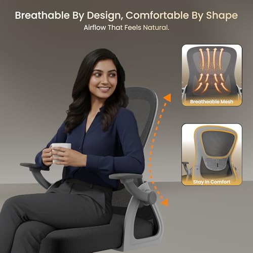 Image of Spark Ergonomic Mid Back Office Chair with 3D Adjustable Armrest, Lumbar Support, Revolving Mesh Chair - Home & Office | 3 Years Warranty (White-Grey)