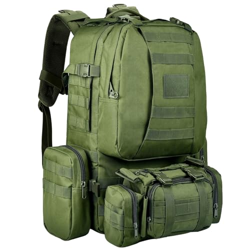 Wiserset Zaino tattico, 60 l, zaino militare, grande sopravvivenza Molle, zaino da giorno per uomo e donna, borsa rimovibile per esterni, verde, 60L