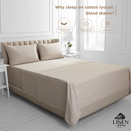 Image of Linen Home Cotton Lyocell Blend Percale Sheet Set Full Size - 4 Piece Deep Pocket Bedding, Pre-Washed & Shrunk, Crisp Cooling Fabric, Fade-Resistant, Hotel Luxury, Wrinkle-Free - Polka Beige