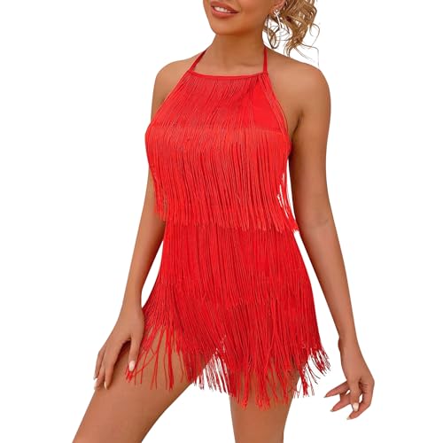 Image of Sexy Backless Fringe Dress Jumpsuit - Womens Club Boho Tassel Tiered Halter Playsuit Festival Bodysuit Romper