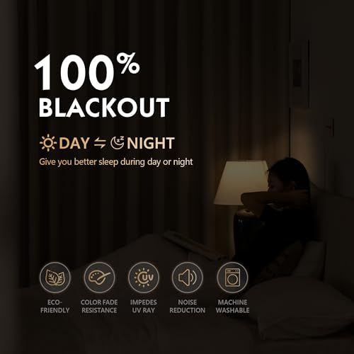Image of FMFUNCTEX 100% Blackout Curtains for Bedroom, Beige Back Tab Curtain 72 Inch Length Drapery Thermal Insulated Curtains for Living Room, Black Out Drapes Rod Pocket Room Darkening 2 Panels