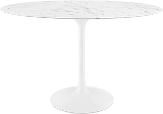 Modway Lippa 48" Oval-Shaped Mid-Century Modern Dining Table with Artificial Marble Top and White