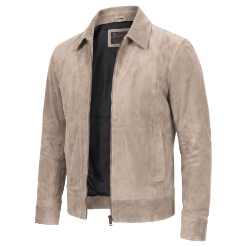 Image of Mens Polo Collar Zipper Suede Shirts Long Sleeve Shacket Suede Trucker Jacket Real Suede Leather Shirt