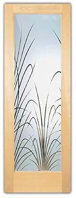Frosted Glass Interior Door - Wispy Reeds - 1D Negative Frosted - Foliage - 24" x 96" - Book/Slab Door - Maple