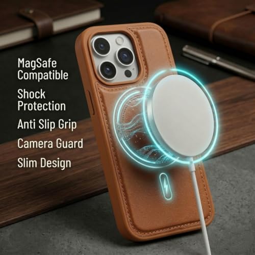 Image of amazon basics Premium PU Leather Case for iPhone 16 Pro, MagSafe Compatible Magnetic Ring, Sleek Protective Back Cover - [Tan]