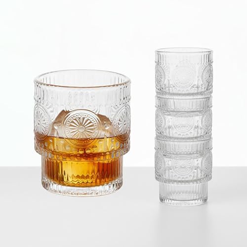 Image of JEIYMIUW Lowball Glasses, 4-Pack Stackable Floral Embossed Clear Glass
