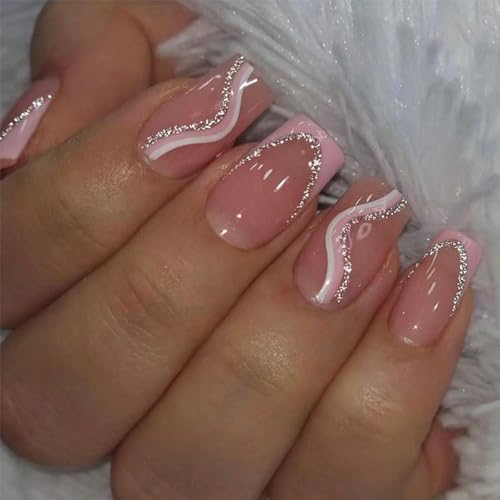 RYMAUP 24 stuks roze Franse tip nagels om op te drukken