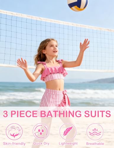 Image of ALISISTER Girls Swimsuit 3 Piece Bathing Suits Flounce Bikini Tankini Set Beach Swimwear with Cover Ups Skirt for 3-8 Years