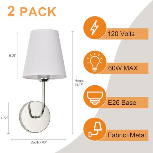 Image of Modern Hardwired Wall Sconces, Set of 2 in Chrome with White Fabric Shades,Farmhouse Light, Living Room, Hallway, Bathroom, Vanity, or Staircase. Sleek, Versatile Lighting