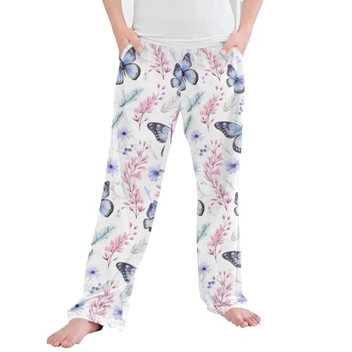 Flower Butterfly Long Pajama Pants Elastic Waist PJ Bottoms with Pockets S A111261
