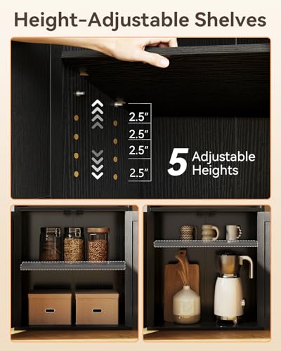 Casaottima Bookshelf and Bookcase with Doors, Floor Standing 6-Tier Shelf Display Storage Shelves, Tall Bookcases for Home Office, Living Room, Black