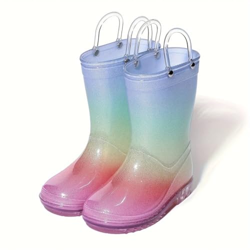 Women Clear Round Toe Flat Pull On Mid Calf Boot Waterproof Jelly Soles Kids Rainbow Rain Boots3