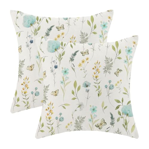 Image of Spring Pillow Covers 18x18 Inch Set of 2, Aqua Teal Sage Green Wild Flower Throw Pillows Case,Colorful Seasonal Floral Plant Outdoor Decorative Farmhouse Decor Cushion Covers for Sofa Bed Couch