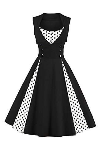AXOE Women's 1940s 50s A-Line Vintage Fancy Dress Polka Dot Cocktail Dress Wedding Guest Party Stretch Cotton Knee-Length Black Polka Dots Polka Dots UK Size 24, 5XL