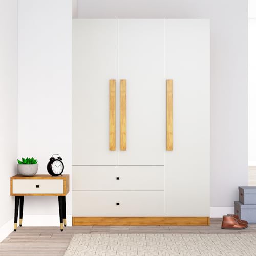 Image of Bniture Wooden Almirah for Clothes, Door for Bedroom, 3 Door Wardrobes with 2 Drawer & Hanging Space (40D x 120W x 180H CM) | 3 Year Warranty (Giant Wood & Frosty White)