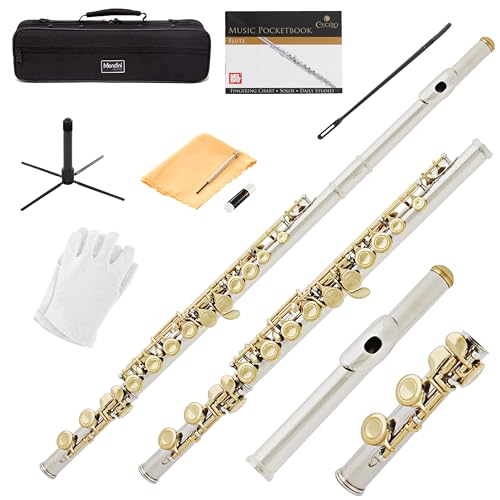 Mendini By Cecilio Flute 16 Keys Closed Hole C Flute Instrument For Beginners with Carrying Case Cork Grease Stand Lesson Book Cleaning Kit Gloves (Gold)