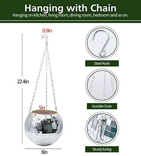 Disco Ball Planter, 8" Silver Disco Ball Planter, Disco Ball Plant Hanger with Hanging Rope, Hanging Chain, Hook, Circle and Extra Mirror Pieces