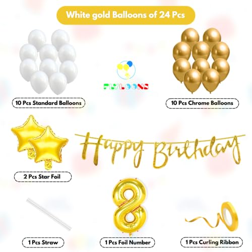 Image of Flyloons 8th Happy Birthday Decoration Kit Gold White for Boys Girls Kids Twins Men Women With 20 Pcs Chrome Balloons Birthday Banner 2 Pcs Star Items Set Golden