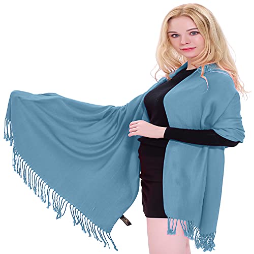 CJ Apparel Denim Blue Solid Color Tassels Design Nepalese Shawl Scarf Wrap Stole Throw Head Wrap Pashmina Hand Made in Nepal New
