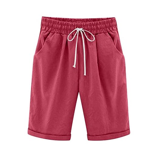 Shorts de linho de algodão para mulheres, plus size, comprimento até o joelho, bermudas, shorts de treino com cintura elástica, shorts casuais de verão e praia, 011 Vermelho, M