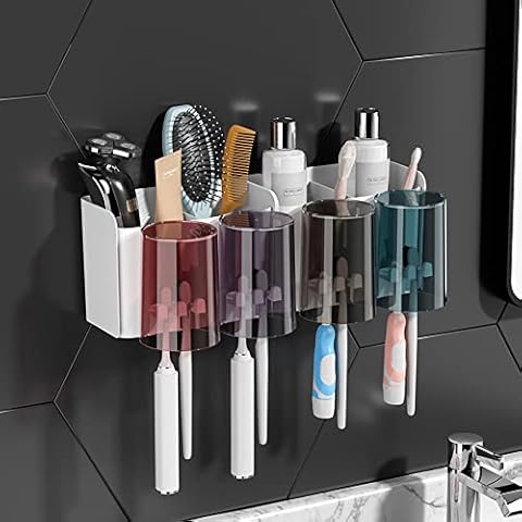 Toothbrush Holder, Adhesive Toothbrush Holder, Toothpaste Holder with 4 Cups + 8 Storage Compartments for Toothbrush Heads Cover