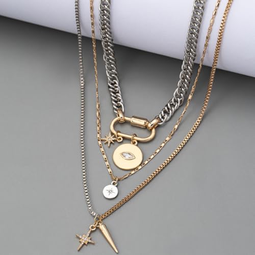 Gold Layered Necklaces For Women, 3PS Chunky Two Tone Necklace Silver Coin Pendant Paperclip Stacked Chain Trendy Statement Jewelry Gift2