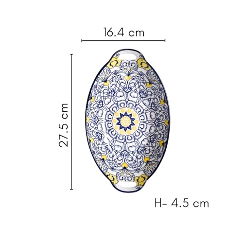 Image of Nestasia Set of 2 Dark Blue Mandala Ceramic Long Dish with Handles for Serving Snacks, Appetizers, Salads, and Noodles | Microwave Safe, Dishwasher Safe (10.8 Inch)