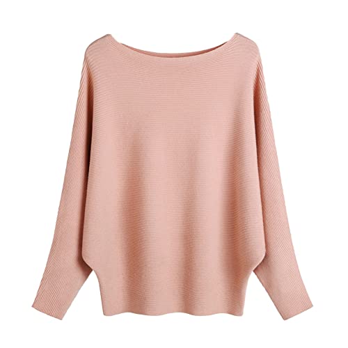 Image of Blostirno Women's Boat Neck Batwing Sleeves Dolman Ribbed Knitted Sweaters Pullovers Tops